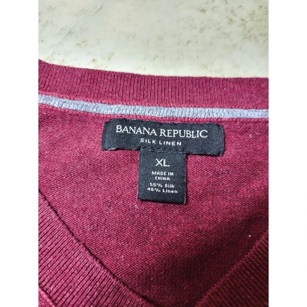 Banana Republic Cranberry V-Neck Mens Sweater Silk Linen‎ Long Sleeve XL